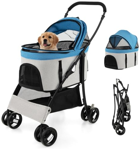 GOPLUS 3 in 1 Hundewagen, Hundebuggy mit abnehmbarem Träger, verstellbarem Vordach, Netzeingang mit Reißverschluss & Bodenkorb, Haustiere Buggy für kleine/mittelgroße Hunde & Katzen (Blau)