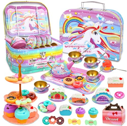 SMILESSKIDDO 46pcs Princess Tea Party Set for Little Girls - Kids Kitchen Pretend Play Toys - Toddler Tea Party Sets for Girls 3-5, Gift for 3 4 5 6 Girl(Unicron)