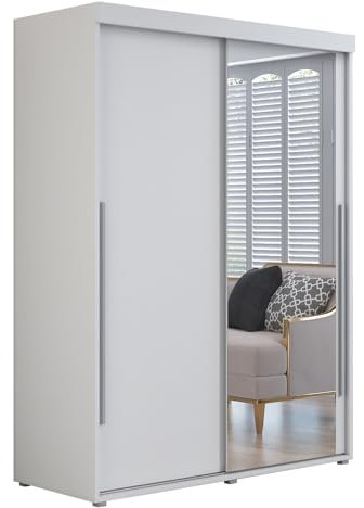 Meble Slupia - Garderobenschrank - Kleiderschrank mit Spiegel und Schiebetüren - 180x202x62cm - Kleider Schrank Schlafzimmer mit Kleiderstange - IGA 01 Weiß, Griff Silber