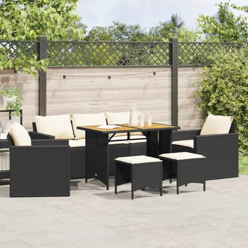 Willood 6 TLG. Rattanmöbel Gartenbank Rattan Garten Sitzgruppe Gartenlounge Gartenmöbel Set Sofagarnitur mit Kissen Schwarz und Cremeweiß Holz Tisch