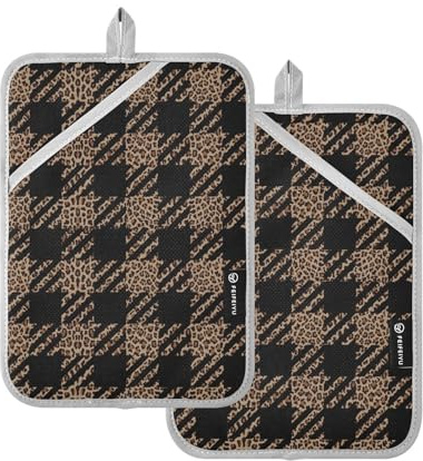 KLL Large Pot Holder, 2 Pack Heat Resistant Potholders with Pockets Kitchen Hot Pad Oven Pad, 9.8x7 Leopard