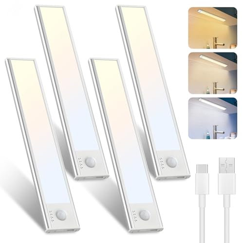 libtit 23CM Under Cabinet Kitchen Lights LED, USB Rechargeable Motion Sensor Cupboard Lights Indoor, 3000K-6500K Dimmable Cabinet Light, Wireless Shelf Lighting for Stairs, Hallway, Garage, 4 Pack