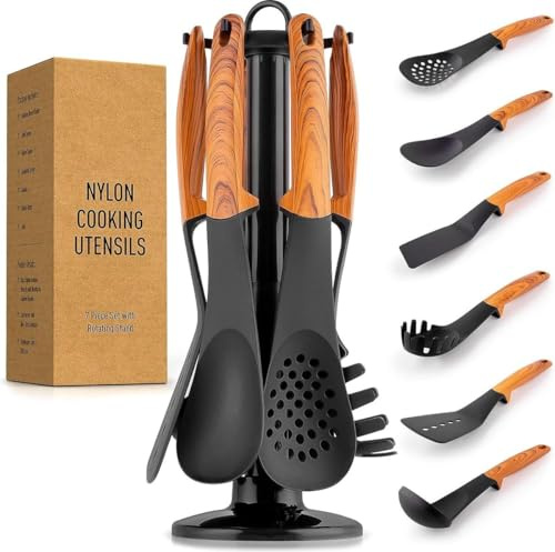 ROYALTY LINE, RLU03, Set de 6 ustensiles de cuisine avec support rotatif 360° en nylon imitation bois, poignées confortables, design moderne, noir/marron, H 36 cm