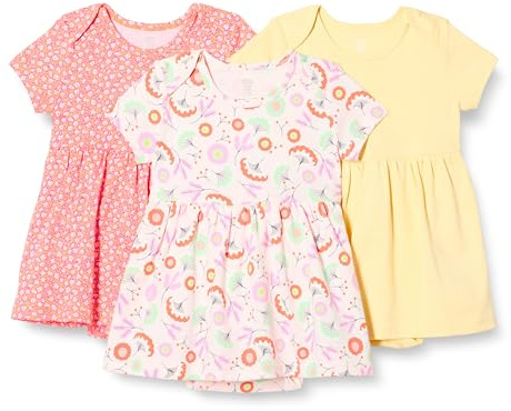 Amazon Essentials Abito a Body a Maniche Corte Bimba, Pacco da 3, Floreale/Giallo Pallido, 18 mesi