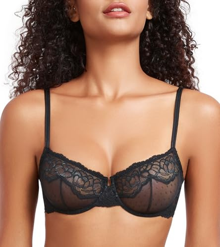 DotVol Soutien-Gorge en Dentelle Femme Grande Taille Transparent Cercle d'acier sans Doublure Balcon(Noir,90B)