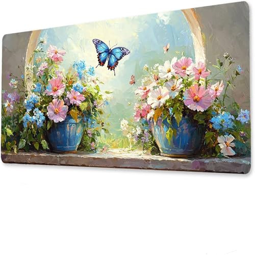 Fleur Mouse Pad Mat, Tapis de Souris Gaming XXL 1600x800x4mm, sous-Main Bureau Gamer, Tapis Table Joueur sans Couture Extra Large, Base antidérapante, Clavier Preuve de l'eauPapillon R-9