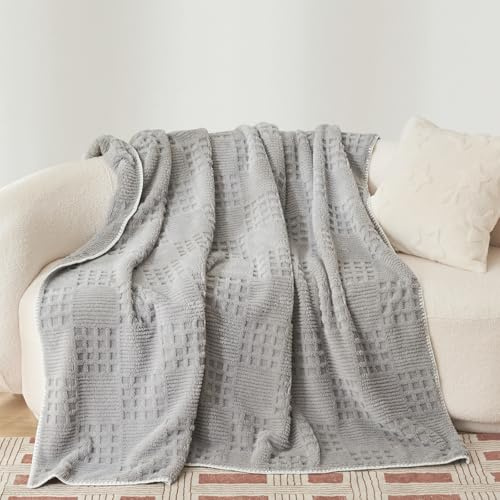 Miyacare Kuscheldecke Decken 150x200 cm, Couchdecke, Überwurf, Weiche und Warme Fleecedecke, Waffelmuster Wohndecke, Gemütliche Korddecke, Kuscheldecke Flauschig (Silbergrau, W150 x L200CM)
