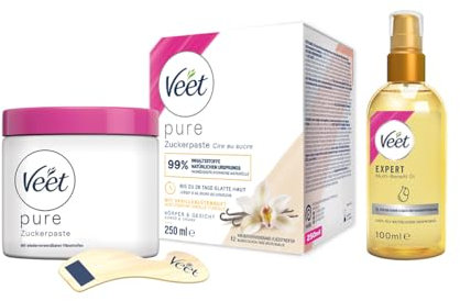 Veet Sugaring Zuckerpaste mit Vanilleblütenduft für die Haarentfernung an Körper & Gesicht (250ml) + Körperöl für die Rasur & nach der Haarentfernung (100ml)