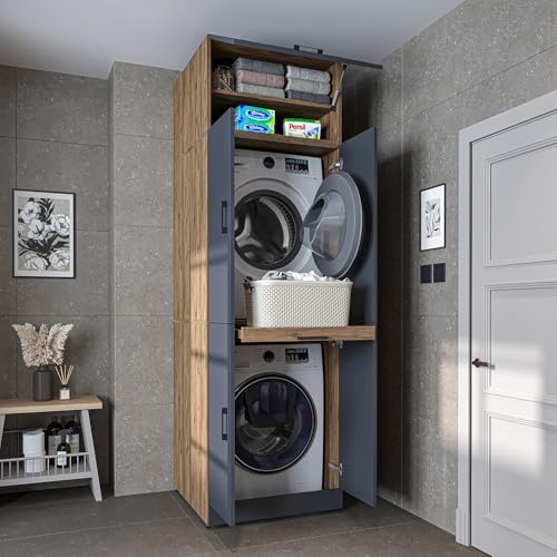 ROOMART Waschmaschinenschrank Dora für Trockner & Waschmaschine, in 4 Farben, mit Türen & Ausziehbrett (-Anthrazit-Eiche - 230 cm hoch -)
