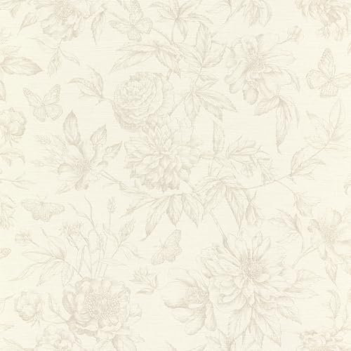 Rasch Carta da parati 793932 – Carta da parati in tessuto non tessuto bianco crema con motivo floreale in stile vintage beige – 10,05 x 0,53 (LXB)