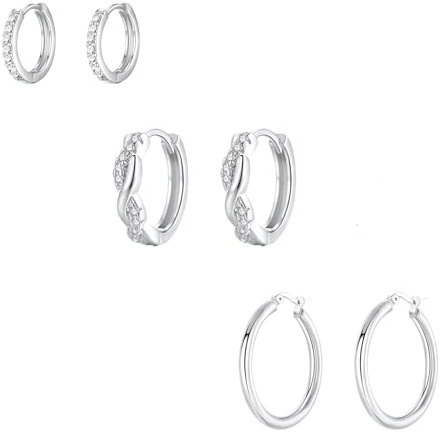sawyofu Silver Hoops Earrings For Women 3 Pairs Lightweight Hypoallergenic 925 Sterling Silver Post Cubic Zirconia Small Huggies Sleeper Hoop Earrings Stack Sets for Multiple Piercings (8/10/12mm)