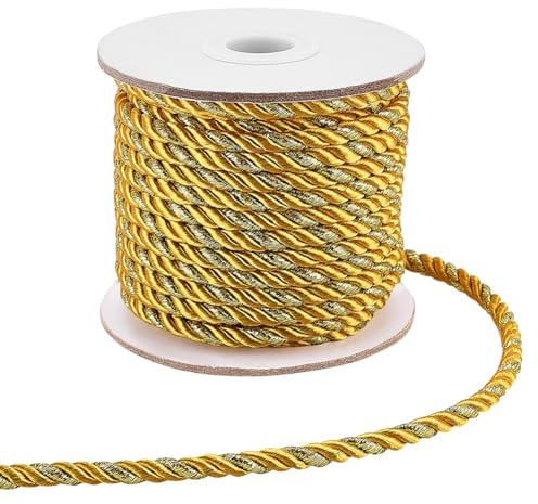 PH PandaHall Cordoncino intrecciato a 3 strati, dorato, 5 mm, metallico, con finiture decorative, filo di seta lucida, per decorazioni domestiche, matrimoni, lauree, borse, coulisse, 15 m