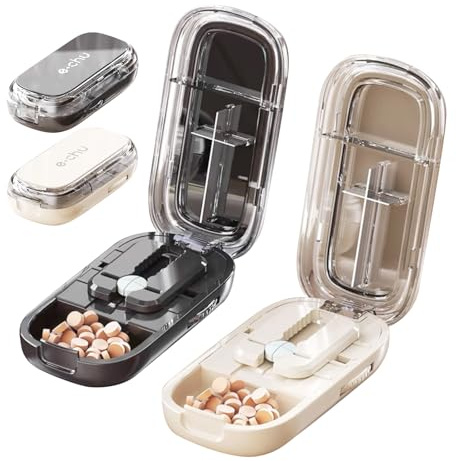 DENUOTOP Tablettenteiler für Alle Tabletten, 2 Stück Tablettenschneider, Pillenteiler mit Aufbewahrungsfach und Zentriervorrichtung für Kleine und Große Tabletten und Vitamine Schneiden in 1/2, 1/4
