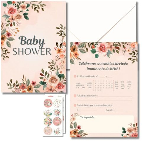 Odally Invitations Baby Shower – Lot de 15 Cartes + 15 Enveloppes Blanches Élégantes à Bout Pointu – Design Floral Mixte – Papier Premium 250 g – Fille ou Garçon