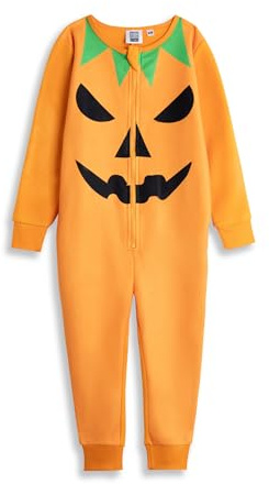Show Me The Merch Kids Pumpkin Onesie in Orange | Long Sleeve Microfleece Zip-Up Costume for Halloween | Classic Plain Outfit | Seasonal Holiday Wear | Fun Kids Halloween Apparel - 3-4 Years