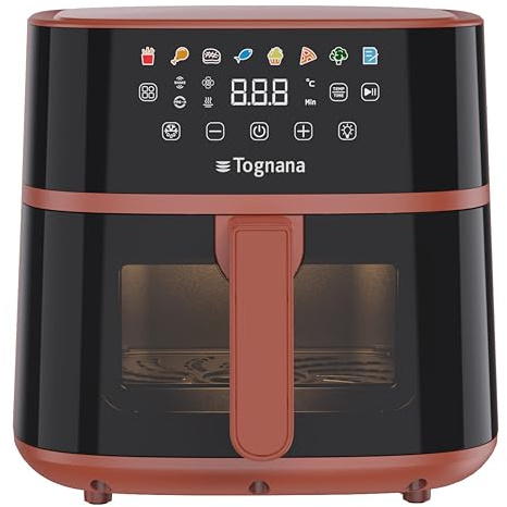 Tognana Iridea,Friggitrice ad aria 6L, doppia resistenza, display digitale, timer, 80-200°C, finestra, 1700W, Rosso Mela