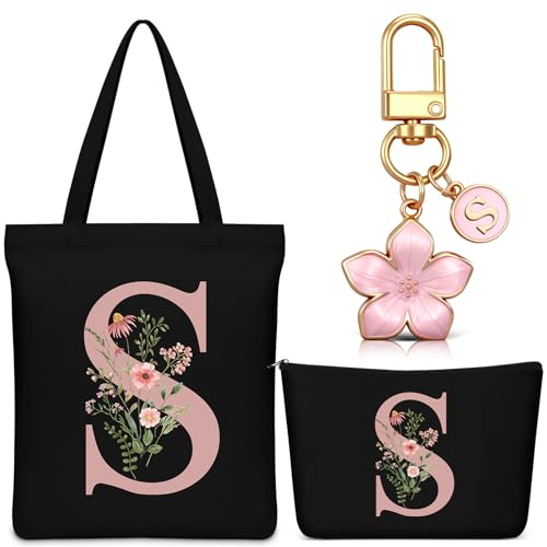 Hestya Set 3 Regalos para Mujer Bolso Tote Personalizado con Inicial Bolsa de Compras de Lona Neceser con Alfabeto Bolso de Maquillaje Llavero con Letra para Amiga Colega Cumpleaños Boda (Negro, S)