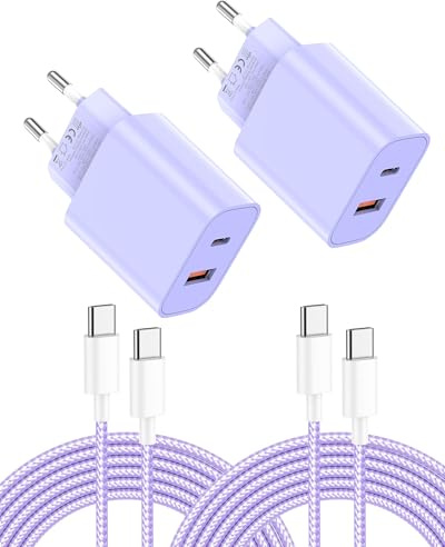 2PCS Cargadores USB 20W - Carga Súper Rápida de Doble Puerto con Cable USB C de 2M, Adecuado para iPhone 17/16/15, para Samsung, para Tablets, para Pixeli etc (Púrpura)