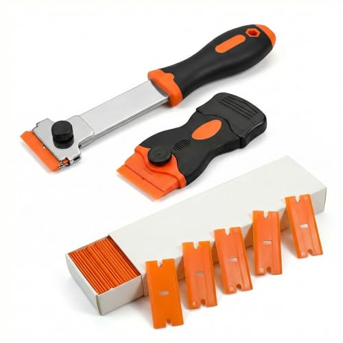 VEOIRXU 2 Piezas Rasqueta Vitroceramica con 100 Hojas de Plástico Rascador de Vidrio y Vitrocerámica para la Eliminación de Pegamento Pintura Calcomanías Tinte