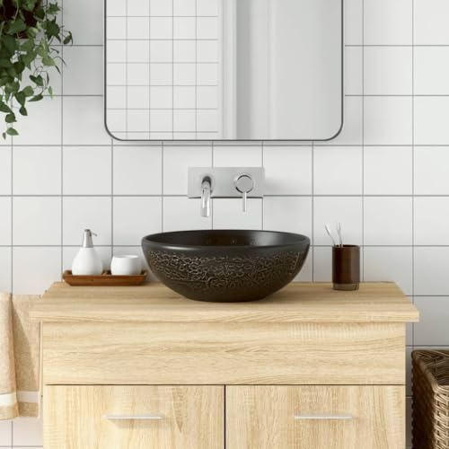 Lavabo da appoggio in ceramica, colore nero, rotondo, Ø 41 x 14 cm, per bagno