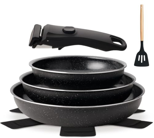 Coicur Pfannenset Mit Abnehmbarem Griff, Induktionsgeeignete Keramikpfanne, Ohne PTFE Und PFOA, 7-Teiliges Pfannen Set 20/24/28 cm, Schwarz