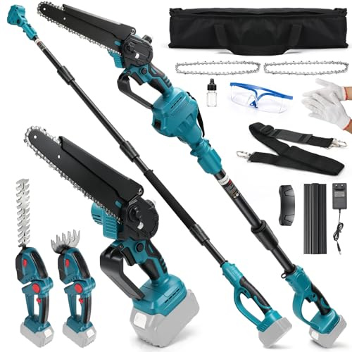 4-in-1 Akku Heckenschere Teleskop & Mini Kettensäge für Makita 18V, 8 Zoll Hochentaster Astsäge, 130mm und 220mm Schnittlänge Akku Gras- und Strauchschere, Max Reichweite bis zu 4,5m, für Garten
