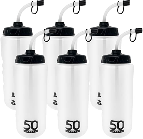 50 Strong 1 Liter BPA-Free Plastic Round Sports Water Bottle with Straw - 6 Pack