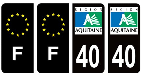 HADEXIA Nummernschild-Aufkleber, französisches Departement 40 Landes Alte Region Aquitaine Schwarz, Farbe & F Frankreich, 4 Stück