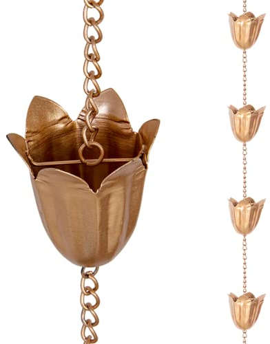 Qipade Catene da Pioggia per grondaie, Lunghezza 2,5 m, in Rame, con 12 Tazze, Accessorio Decorativo per grondaie, grondaie, drenaggio