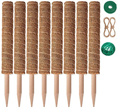 Eibikdi 8 Pcs Moss Pole for Plants Monstera, Plant Support Stakes for Indoor Climbing Plants Grow Upwards, with 65ft Twist Ties, 13ft Jute Rope, 6.5ft Hook-and-Loop Strip