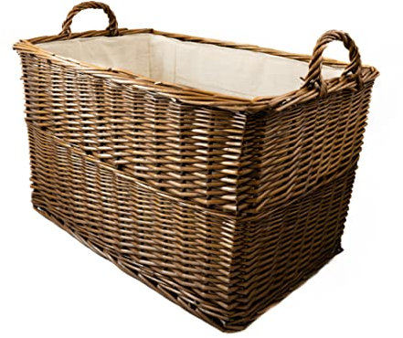 Arthur Cameron Wicker Log Basket with Lining and Handles (62x40x37cm) Medium Sturdy Storage Basket perfect for Toys, blankets, hallway, garage, living room, bedroom or office
