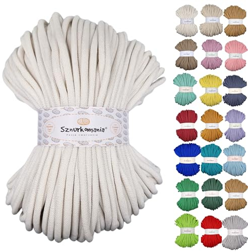 Sznurkomania, Baumwollkordel 9mm 100m, viele Farben, Makramee Garn, Baumwollgarn, geflochtene Baumwollkordel mit Kern, Makramee Kordel, Häkelkordel, Kordel 9mm, gehäkelte Tasche (Weiß)