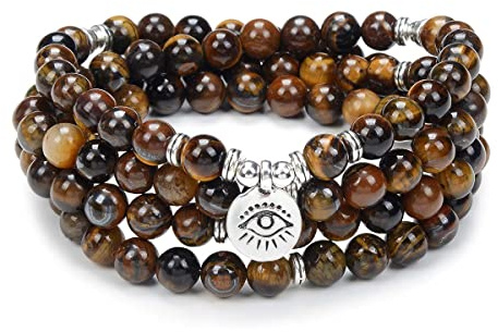 108 Mala Prayer Meditation Beads Armband Halsband med det onda ögat av skydd Charm Lycka till Yoga smycken (Brunt tigerhöga (Brown Tiger Eye))