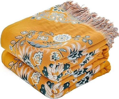 100% Baumwolle Decke 230 x 250CM Boho Tagesdecke Doppelseitig Kuscheldecke Sofaüberwurf Wendedecke Couchdecke Sofadecke mit Blumen Muster,Gelb/Grün