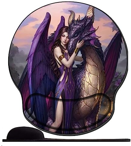Tapis de Souris Ergonomique - Tapis de Souris Gamer avec Repose Poignet en Gel, avec Repose-Poignet Gaming Mouse Pad pour Ordinateur et Ordinateur Portable Fille en Robe Violette Dragon