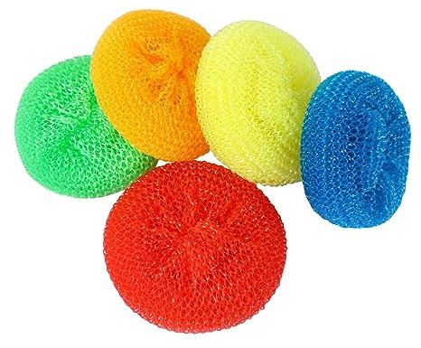 MIDELONG Spugna abrasiva per piatti in plastica rotonda per piatti e vasi, antigraffio, colori assortiti, in rete di poliestere, per la pulizia della cucina, confezione da 5