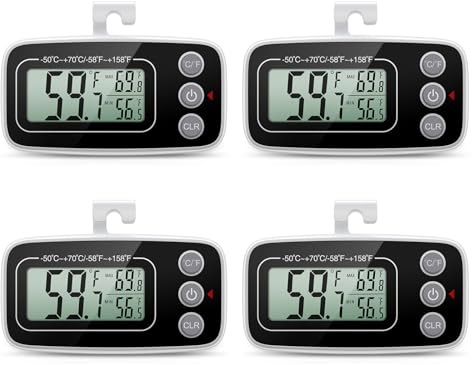 Thermometer Hygrometer Ankilo Digitale Kühlschrankthermometer Gefrierschrankthermometer Kabelloses Innenthermometer mit LCD-Anzeige, Magnetisch, Max/Min Aufzeichnungsfunktion für Zuhause 4 Stück