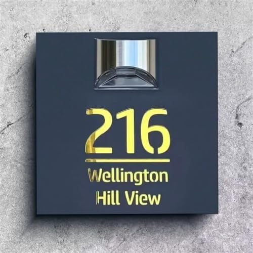 jfs LED-Solar-Hausnummernschild, personalisierbar, modernes Solar-Hausnummernschild, individuelle Außentür, Hausadressnummern, Straßenname, beleuchtete Hausnummern (25 x 25 cm), Schwarz (Gold))