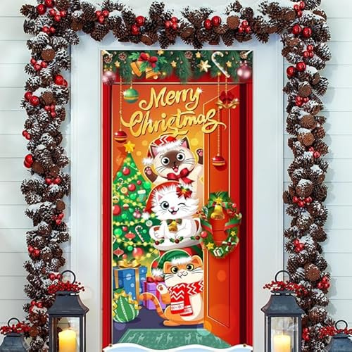 DPKOW Weihnachtskatzen Banner aus Stoff, Türbanner für Haustür, Katze Weihnachten Türabdeckung, Hintergrundbanner Deko, 185 x 90 cm