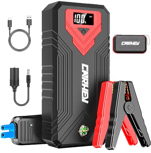 CARHEV Powerbank de démarrage pour voiture, démarreur de voiture portable (jusqu'à 8,0L d'essence ou 8,0L de diesel), démarreur de voiture 12V avec charge rapide USB et lampe de poche LED démarreur