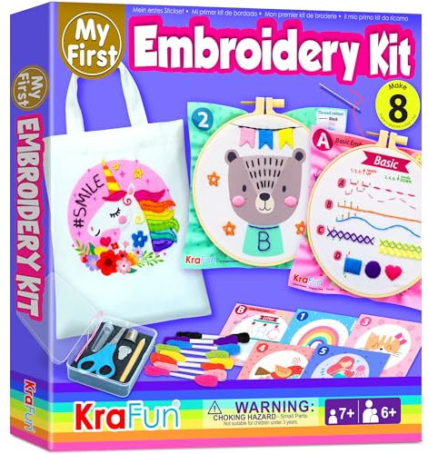 KRAFUN Beginner Embroidery Kit for Kids & Teens Ages 7-12, Simple Patterns with Hoop, Cloth, Threads, Instructions, Educational Craft Gift for Learning Stitches