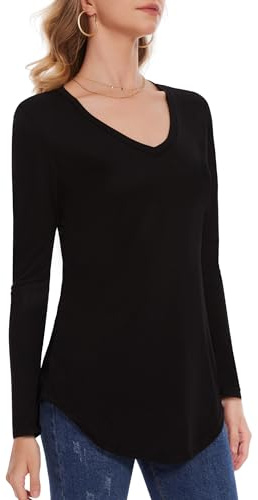 Kiiwah Långärmad tröja tunika damer, v-ringad långtröja, basic casual skjorta, långärmad skjorta, svart, toppar, långärmad för damer, svart, L