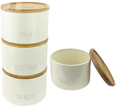 SAFRI 3 Pieces Jar with Wooden Lid Tea Coffee Sugar Canister Storage Container Bowl Pots Kitchen Storage Tins (Cream)