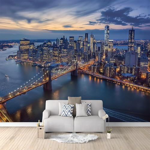 New York E Il Ponte Di Brooklyn Carta da Parati Blu Carta da Parati TNT Fotomurali Moderna Carta Parati Fotomurale 3D Effetto per Soggiorno, Camera Letto, Sala Pranzo, TV Sfondo 250x175 cm