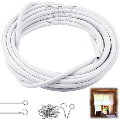 SWTYExt 3 m Gusanillo para Cortinas Alambre de Cortina Sistema Tensor de Cuerda de Cortina Plastificada con 8 Pares Ganchos Ojales Roscados para Visillo Cortinas de Ducha Bricolaje