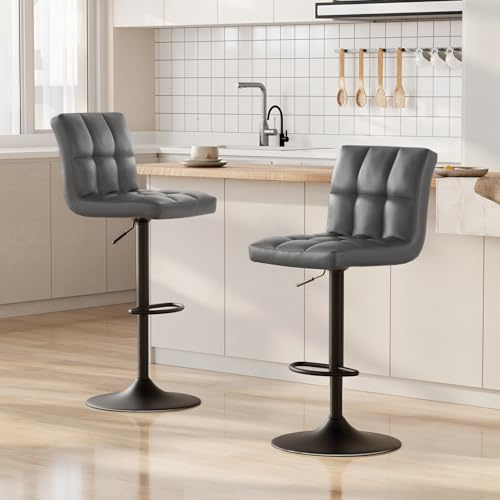 bigzzia Set di 2 sgabelli da bar, in pelle PU, girevoli e regolabili in altezza, con schienale, per bancone colazione, cucina e casa (set grigio)