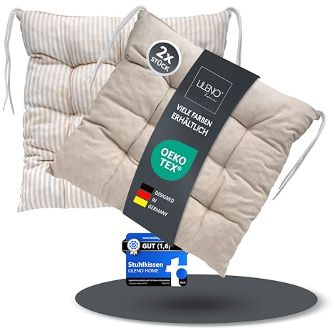 LILENO HOME 2er Set Wende Stuhlkissen Natur (40x40x6 cm) - Streifen Sitzkissen für Gartenstuhl, Küche oder Esszimmerstuhl - Indoor u. Outdoor Stuhlauflage als Stuhl Kissen (Linda FUM)