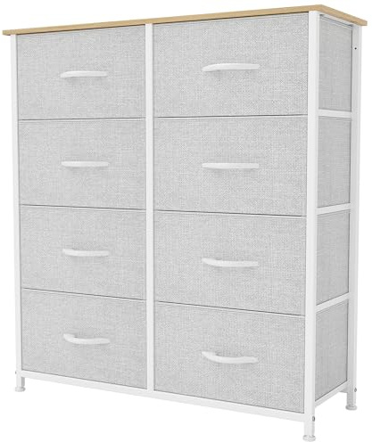 YITAHOME Kommode,Kommode mit 8 Schubladen,Schrank,Stoffschubladen mit Griffen,Metallgestell,für Wohnzimmer Flur Schlafzimmer,Dauerhaft,Hellgrau mit weißem Griff