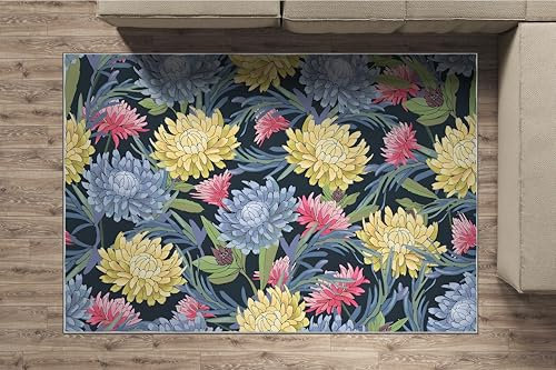 dyausi Blumen Teppich 140x200, Vintage Chrysantheme Teppich Schlafzimmer rutschfest, Teppich Waschbar in Waschmaschine, Kurzflor Teppich für Wohnzimmer, Esszimmer, Kinderzimmer, Blau Gelb