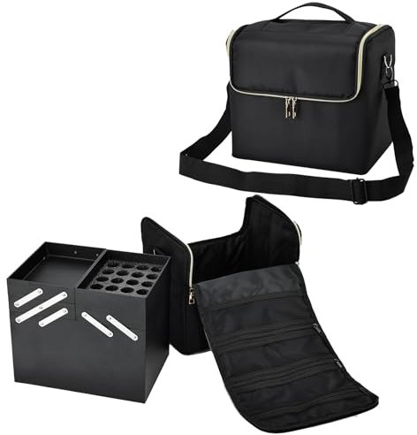 Travel Makeup Bag Makeup Organiser Bag with Shoulder Strap Vanity Case Extra Large Make Up Organiser Box Nail Varnish Storage Case Nail Polish Organiser, Black